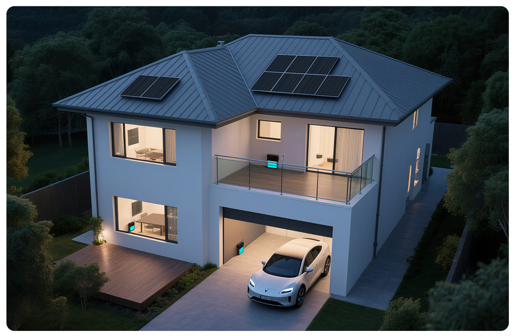 Marstek Venus E thuisbatterij geïnstalleerd in garage wandmontage met zonnepanelen